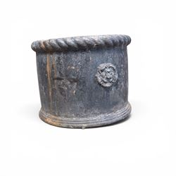 Pair of 19th century lead garden planters of cylindrical form, the rolled rope twist rims over a plain body decorated with applied flowerhead roundels, in antique weathered finish