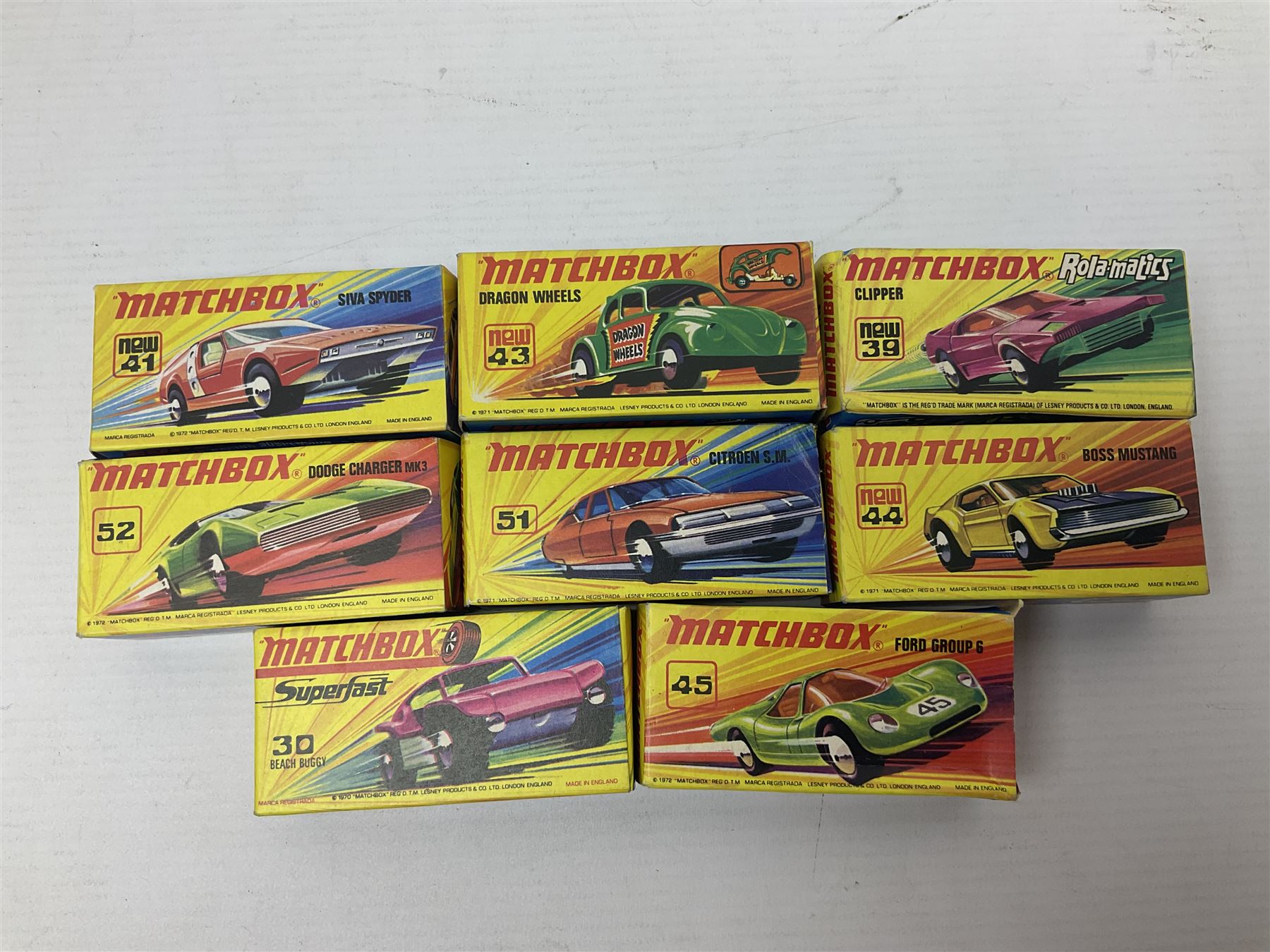 Matchbox 1-75 Series 'Superfast' ex-shop stock - eight models ccomprising 30d Beach Buggy, 41d Siva Spyder, 43d Dragon Wheels, 44d Boss Mustang, 45c Ford Group 6, 51d Citroen S.M., 52c Dodge Charger Mk.III and 75c Alfa Carabo in 39d Clipper box; all boxed (8)