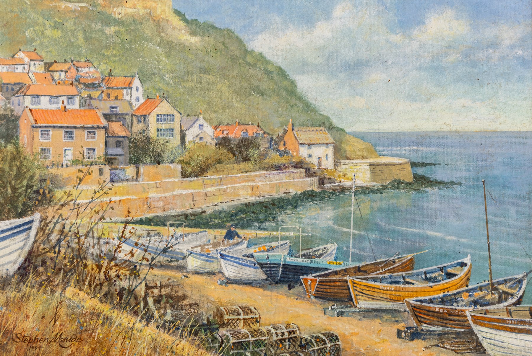 Stephen Maude (British 1919-): 'Runswick Bay - North Yorkshire', acrylic on canvas board signed and dated '94, titled on artist's label verso 27cm x 40cm