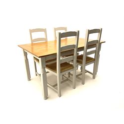 Rectangular painted farmhouse dining table fitted with central drawer, turned supports(W153cm, D90cm, H76) and four rush seated chairs (W46cm)