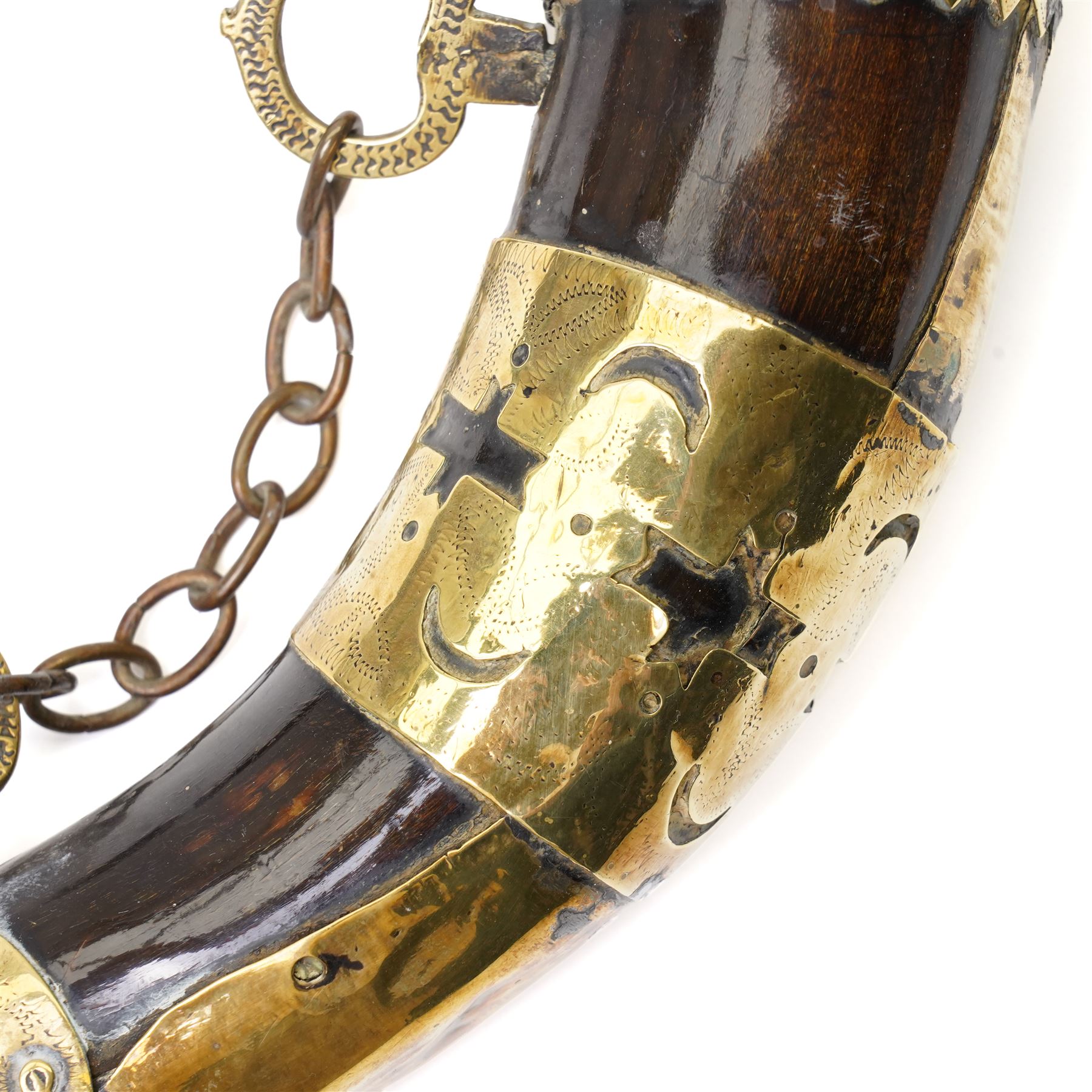 Leg of mutton leather shotgun case L78cm and a North African brass and horn powder horn
