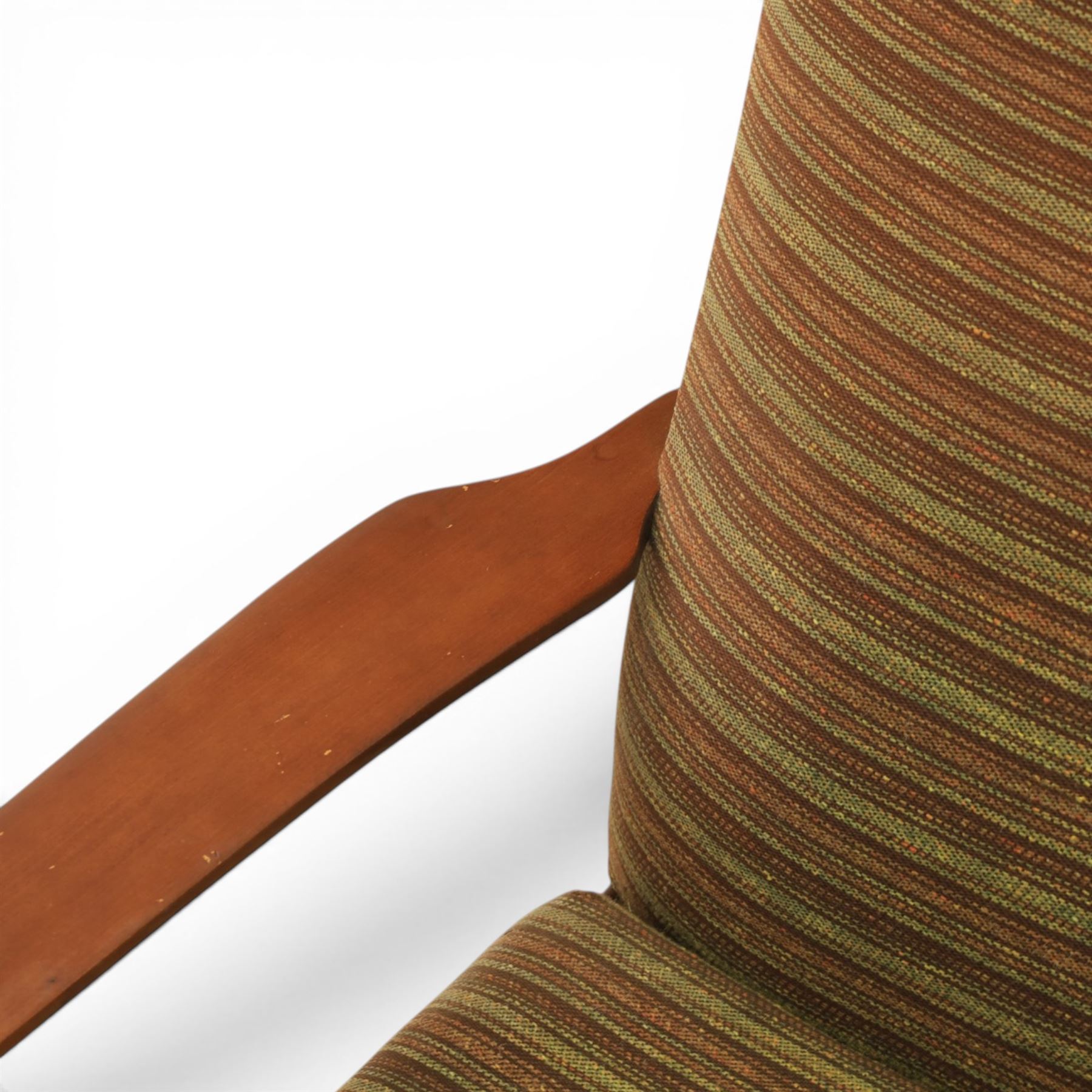 Parker Knoll - 'PK 988' open armchair, with teak frame, upholstered in a striped fabric, raised on tapering supports, the loose seat cushion supported on elasticated webbing 