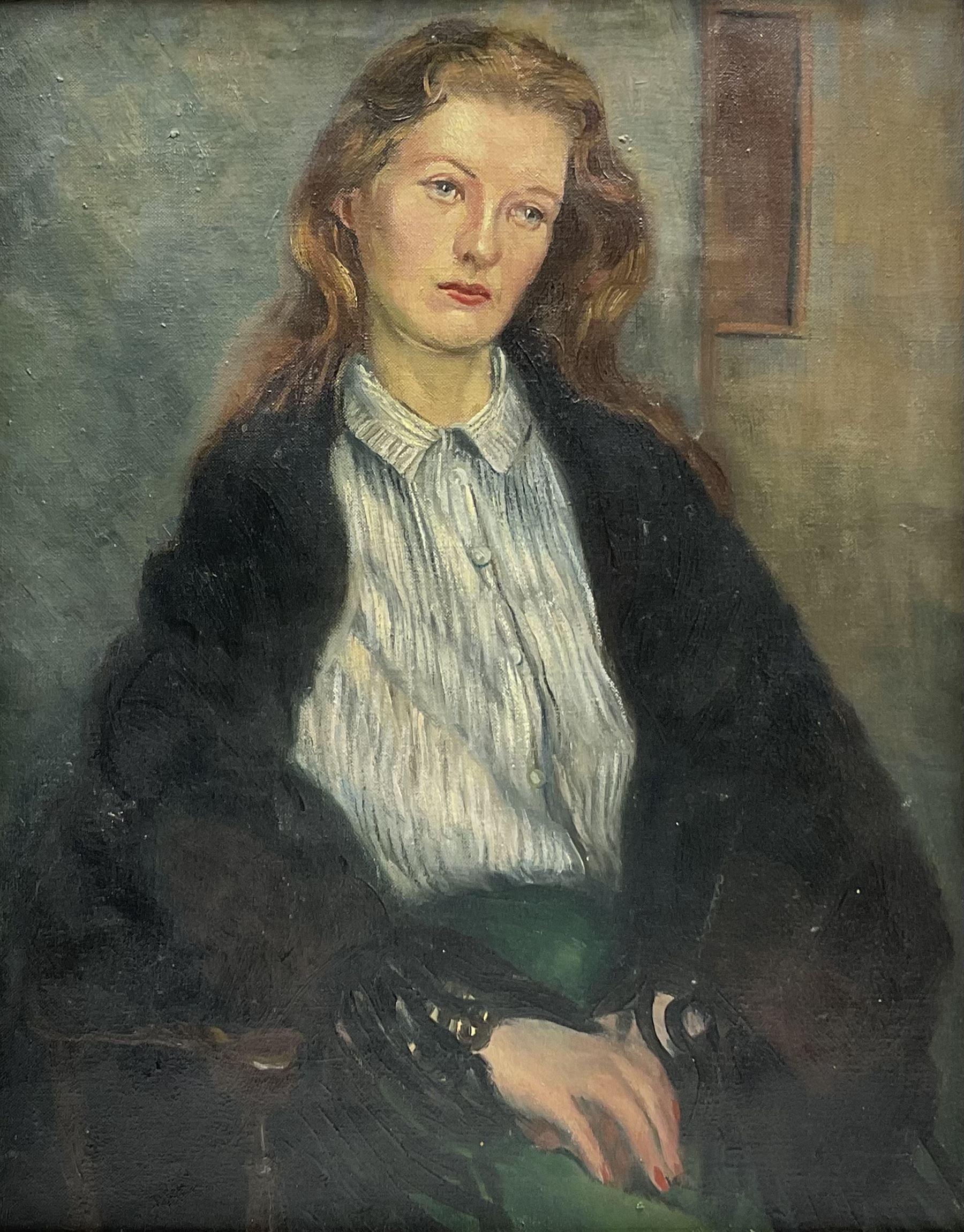 Jean Thompson (British mid 20th century): Half length Portrait of a Young Woman, oil on canvas laid on board unsigned, artist's address '80 Bebington Rd. Birkenhead' verso 47cm x 37cm