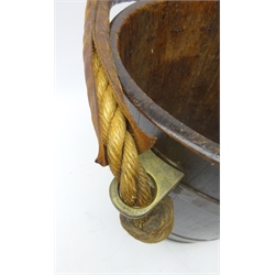  19th century brass bound coopered bucket with leather clad rope handle, H31cm   