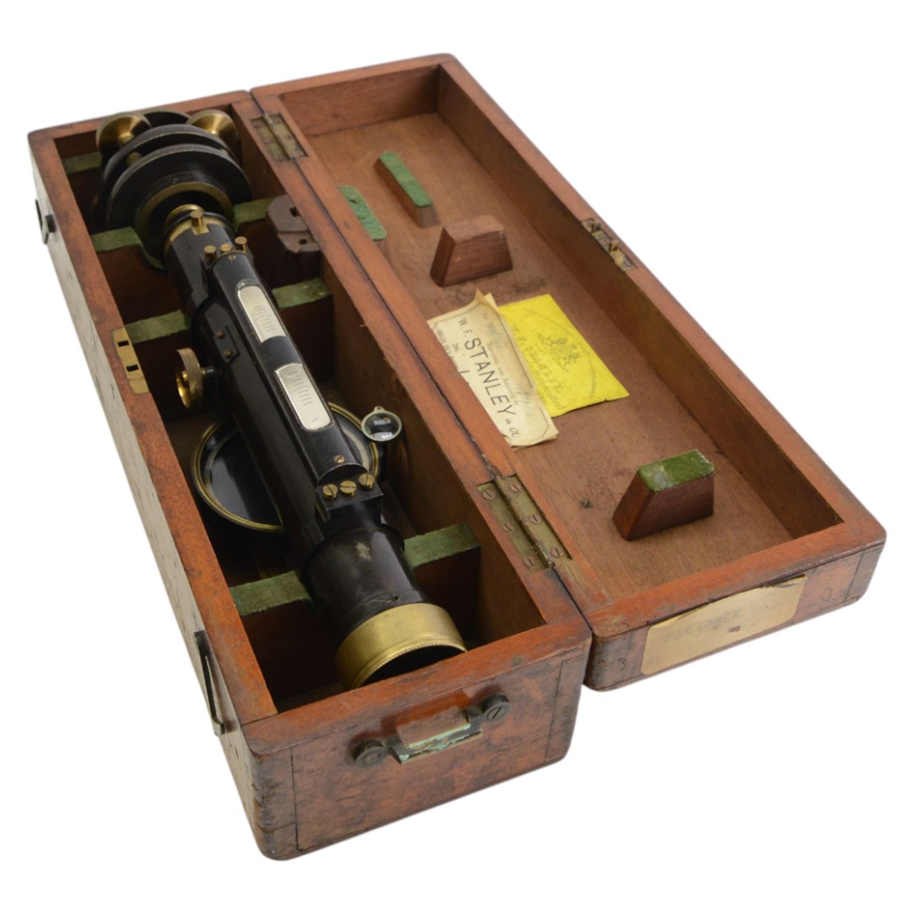 Late 19th century Surveyors level by Stanley, Gt Turnstile, Holborn, London, No.951 with lacquered oxidised brass finish in original box and with stand