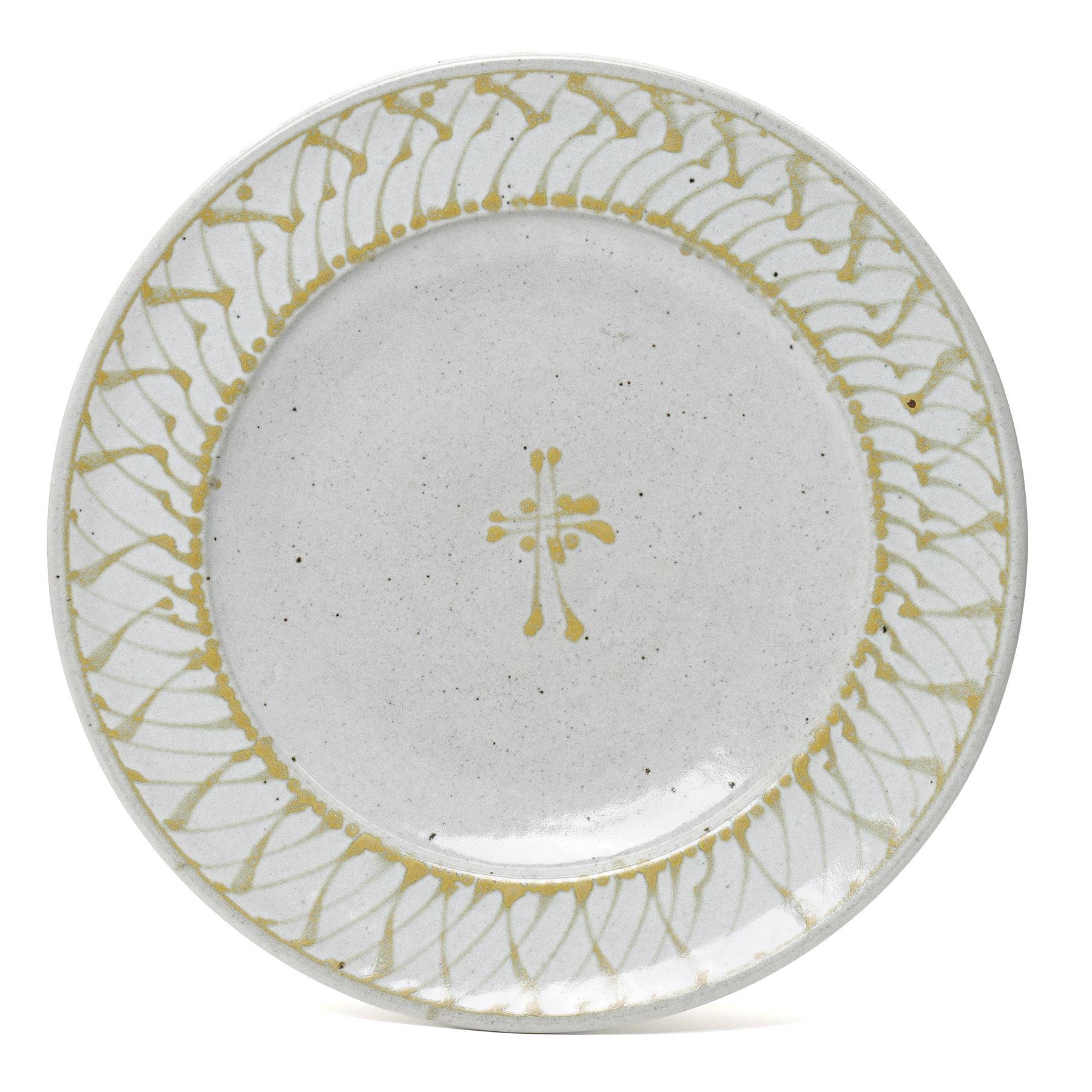 David Frith (1943-): Large charger, decorated with green glaze on a light blue ground, unmarked, D48cm