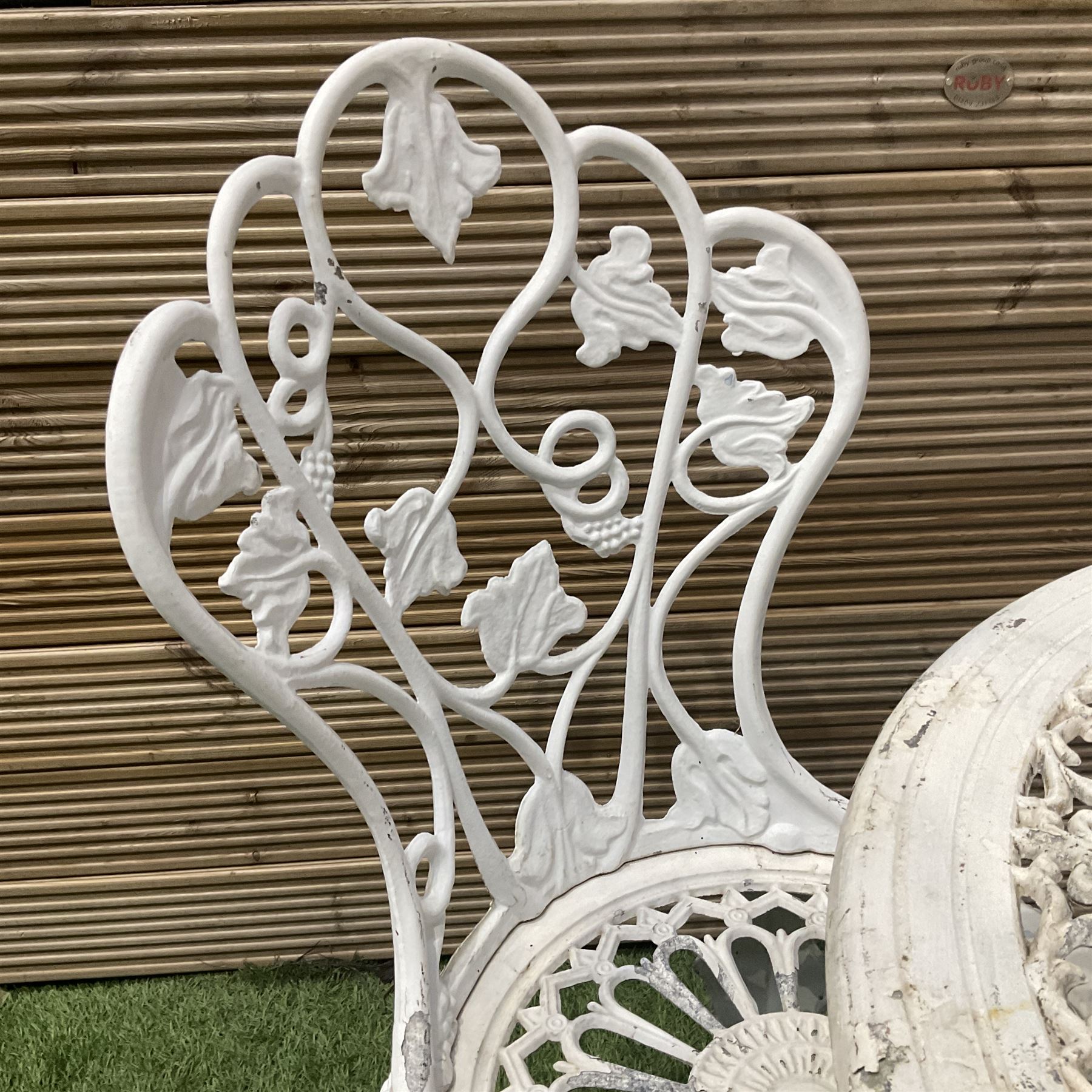 Cast aluminium white painted garden table and two chairs  - THIS LOT IS TO BE COLLECTED BY APPOINTMENT FROM DUGGLEBY STORAGE, GREAT HILL, EASTFIELD, SCARBOROUGH, YO11 3TX