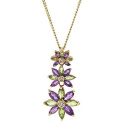 9ct gold diamond, amethyst and peridot flower pendant necklace, hallmarked