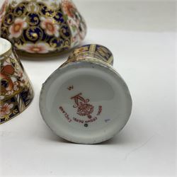 Pair of Royal Crown Derby 6299 imari pattern miniature vases, together with a miniature pitcher and dish in 2451 imari pattern, all with printed marks beneath, vase H12cm 