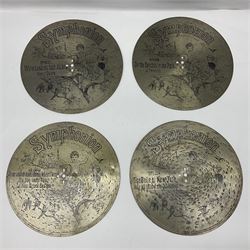 Late 19th century Symphonion disc musical box for spares or repair, inlaid walnut case with front lever action, playing 25.5cm discs on a 10.5cm steel comb with forty-nine teeth, musical scene of cherubs under the lid, L33cm; together with twelve 25.5cm discs