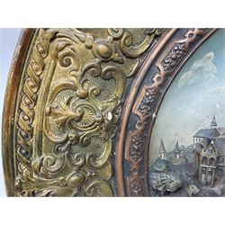 Large German wall charger by Wilhelm Schiller & Son, the central panel decorated with riverside town scene of high relief, surrounded by an inner bronzed smaller border and thicker gilded border of foliate design, stamped WS&S and Marburg 9425 beneath