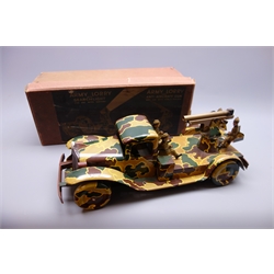  Wells Brimtoy battery operated tin-plate model of an Army Lorry with Anti-Aircraft gun, all over camouflage finish with driver, two soldiers and two gun operators, L37cm, in original box  