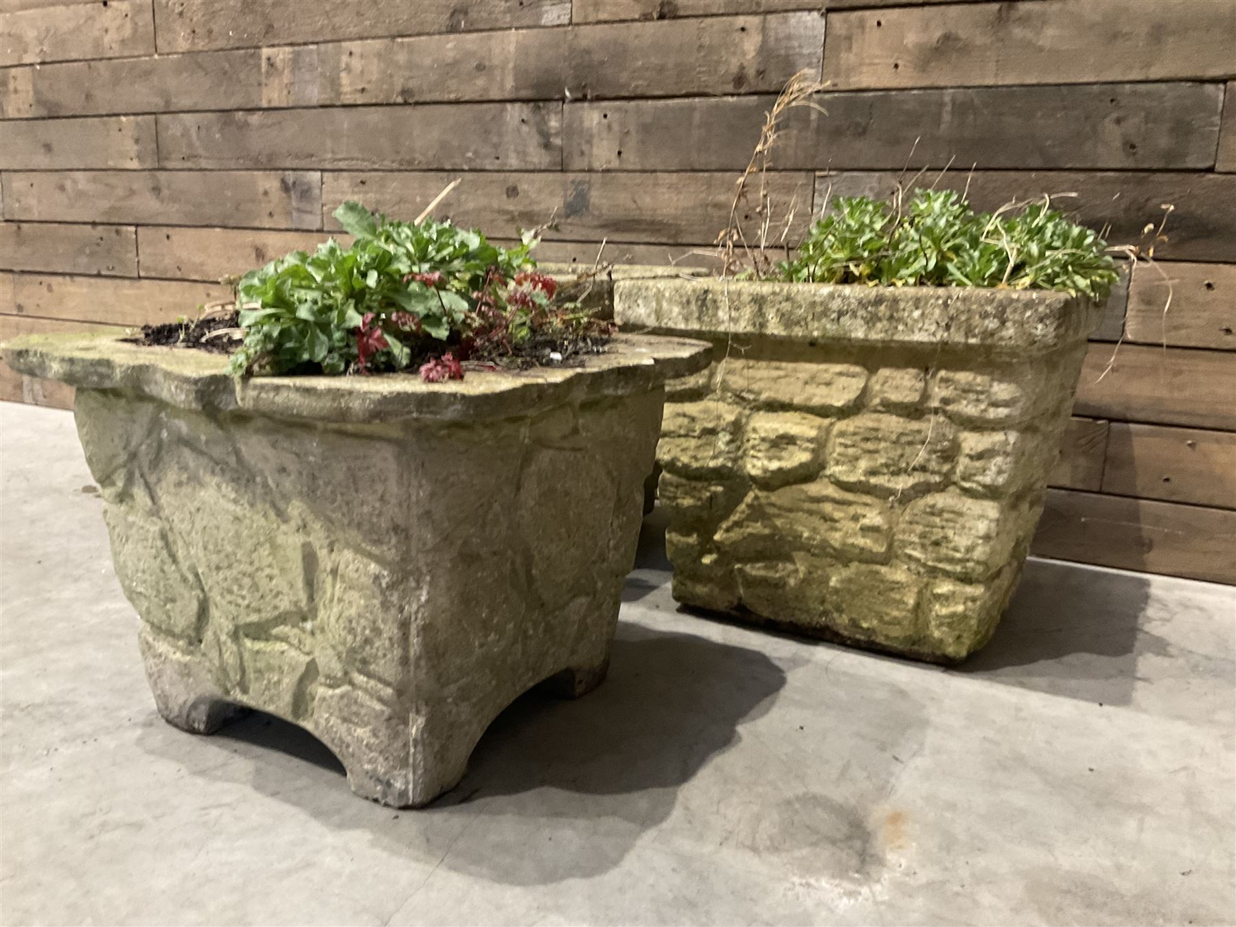 Pair of cast stone pattern tapering square planters, and a similar planter (3)