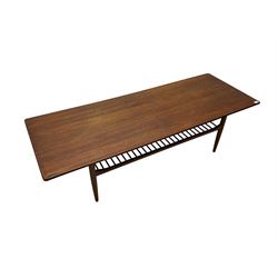 Kofod Larsen for G-Plan - mid-20th century  teak coffee table, rectangular top over spindle slatted undertier, raised on tapering supports 