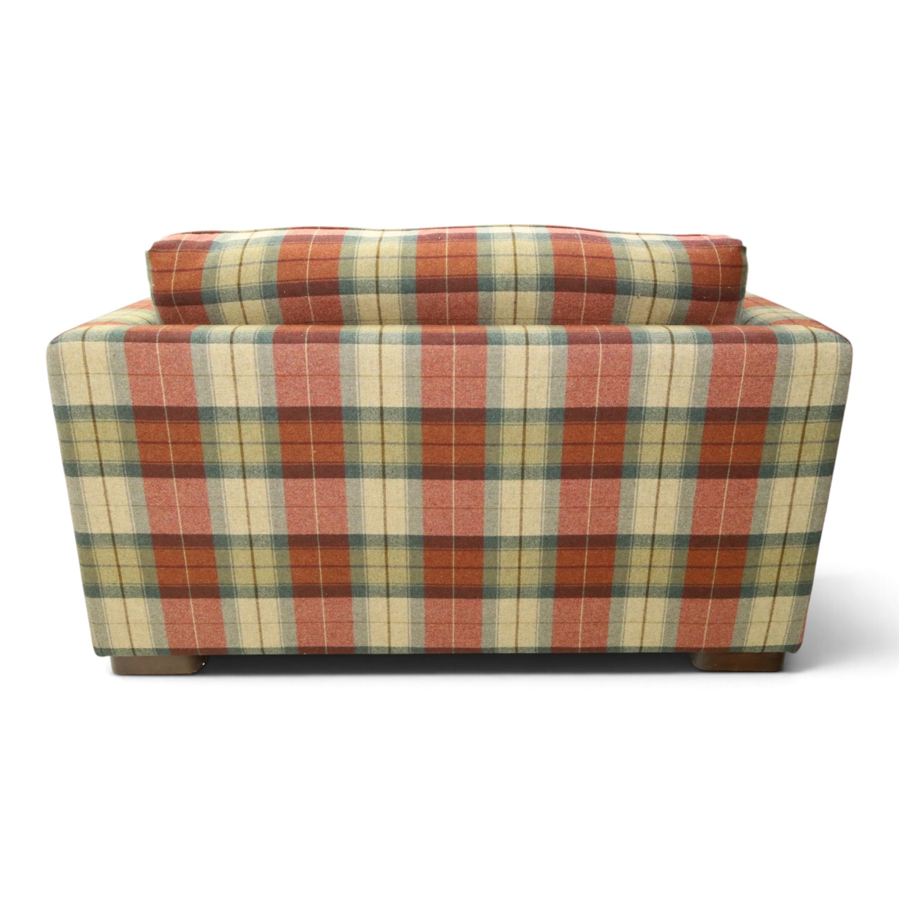 Meridian - snuggle armchair or loveseat, of traditional squared shape, upholstered in tartan fabric with loose cushions, on rectangular feet
