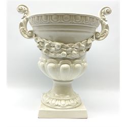A large white glazed campagna urn, H43cm. 