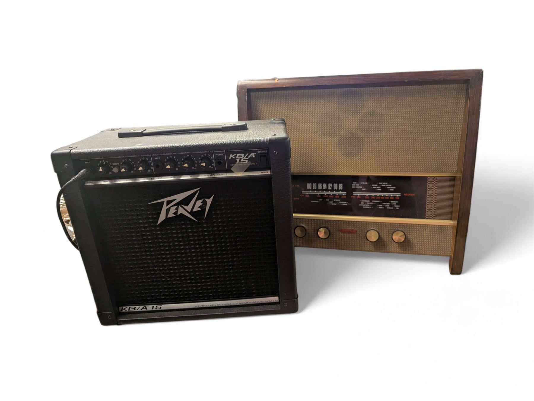 Mid 20th century Murphy radio, together with a Peavey KB/A 15 keyboard amp and pedal
