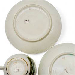 Set of four Pinxton porcelain bute shaped teacups and saucers, circa 1796-1813, pattern no. 218, painted in polychrome with landscape panels within gilt rims, possibly by John Cutts, three pieces numbered 218 beneath, saucer D14cm, teacup H6cm (8)