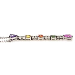  18ct white gold (tested) diamond and multi gemstone pendant on white gold chain, hallmarked 18ct   