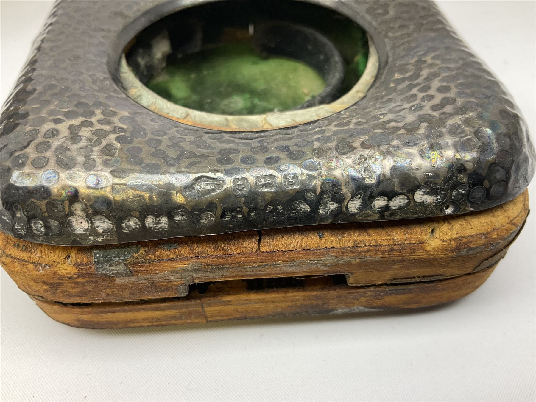 Pocket watch case with hammered silver mounted front, hallmarked Birmingham, together with a silver mounted square box, hallmarked Birmingham 