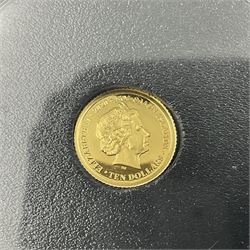 Eleven Queen Elizabeth II miniature gold coins, each being 0.5 grams of 24 carat gold, including Tristan da Cunha 2020 'Laurel', Solomon Islands 2020 '80th Anniversary of the Battle of Britain' etc, all with certificates