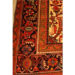  Persian Hamadan red ground rug carpet, with large central medallion on floral field, repeating guarded border, 375cm x 275cm  