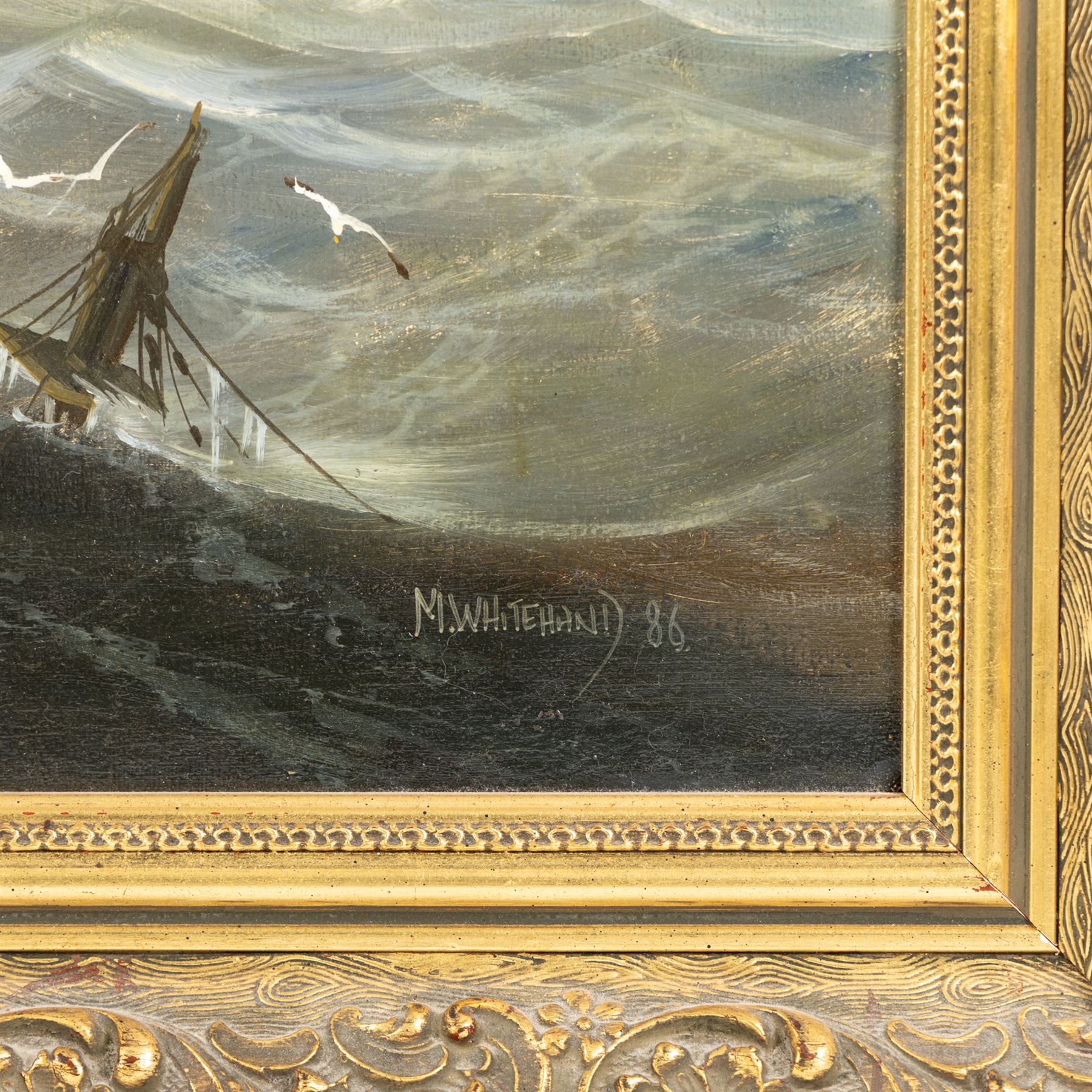 Michael J Whitehand (British 1941-): Sailing Galleons with View of Sinking Ship, oil on canvas signed and dated '86, 45cm x 60cm