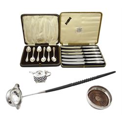 Set of six silver teaspoons by P Ashberry & Sons, Sheffield 1923, silver toddy ladle by Barrowclift Silvercraft, Birmingham 1972, silver cruet, silver coaster and set of six silver handled knives, with stainless steel blades, all hallmarked
