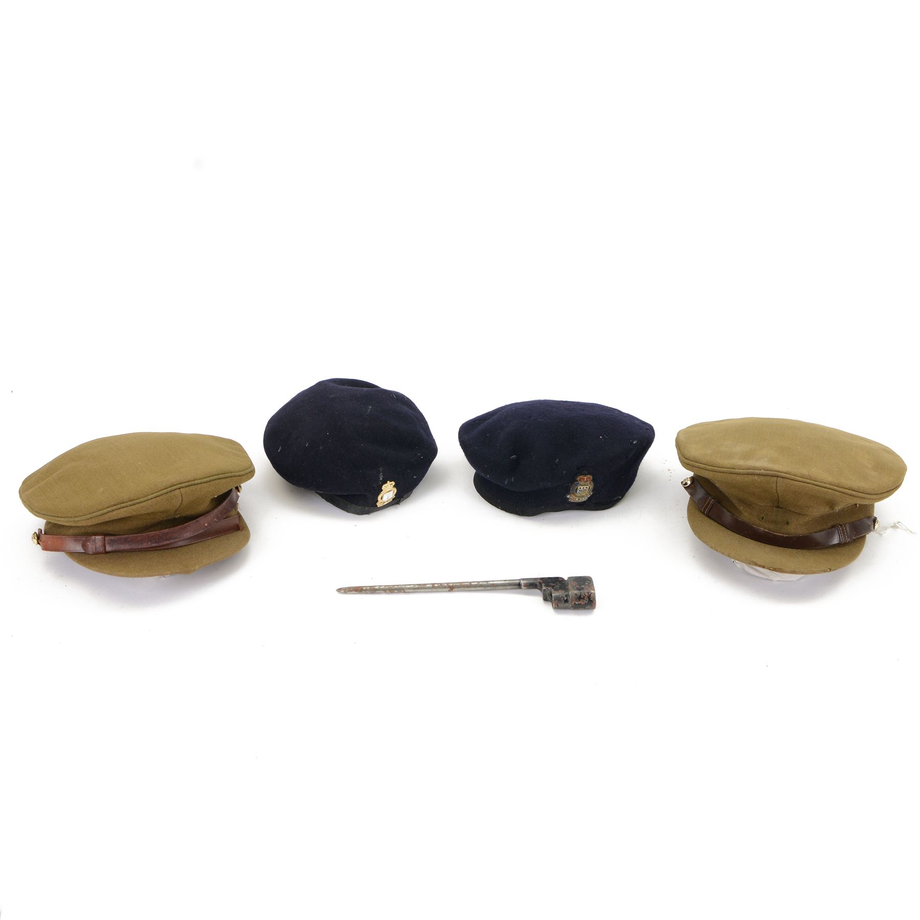 Royal Electrical and Mechanical Engineers, two caps and two officers berets, together with a spike bayonet 
