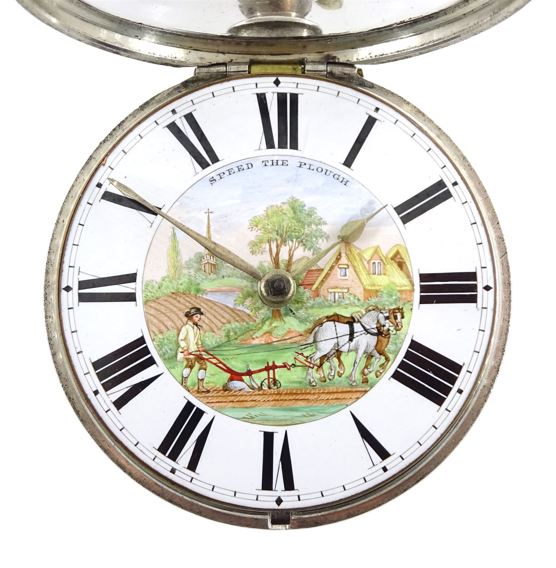 William IV silver pair cased verge fusee pocket watch by J C Heselton, Beverley, No. 1082, pierced and engraved balance cock decorated with a mask, enamel polychrome 'Speed the Plough' dial with Roman numerals, bull's eye glass, case by Benjamin Norton, London 1831