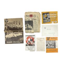 Raich Carter interest - England v Scotland 1934 Programme for the match at Wembley 14/4/1934; Tiger Mag Promotion Souvenir May 1949; Tiger Mag No.15 September 1950; Derby County Souvenir brochure Christmas 1946; Sunderland 'The Havelock' programme 1931-32 season; and two newspapers relating to Sunderland's 1937 F.A. Cup win. Provenance: By direct descent from the family of Raich Carter having been consigned by his daughter Jane Carter.