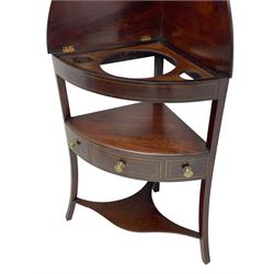 George III mahogany bow-front corner washstand, raised fold-away back over top with apertures for basins and cups, fitted with single drawer, splayed square supports joined by under tier 