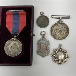 George V Imperial Service Medal awarded to Arthur Poulter, cased; and two Victorian silver sporting fobs inscribed A. Poulter and dated 1896 and 1898; together with WW1 British War Medal awarded to R4-068401 Pte. R. Burnett A.S.C.; and an uninscribed bronze singing medallion (5)