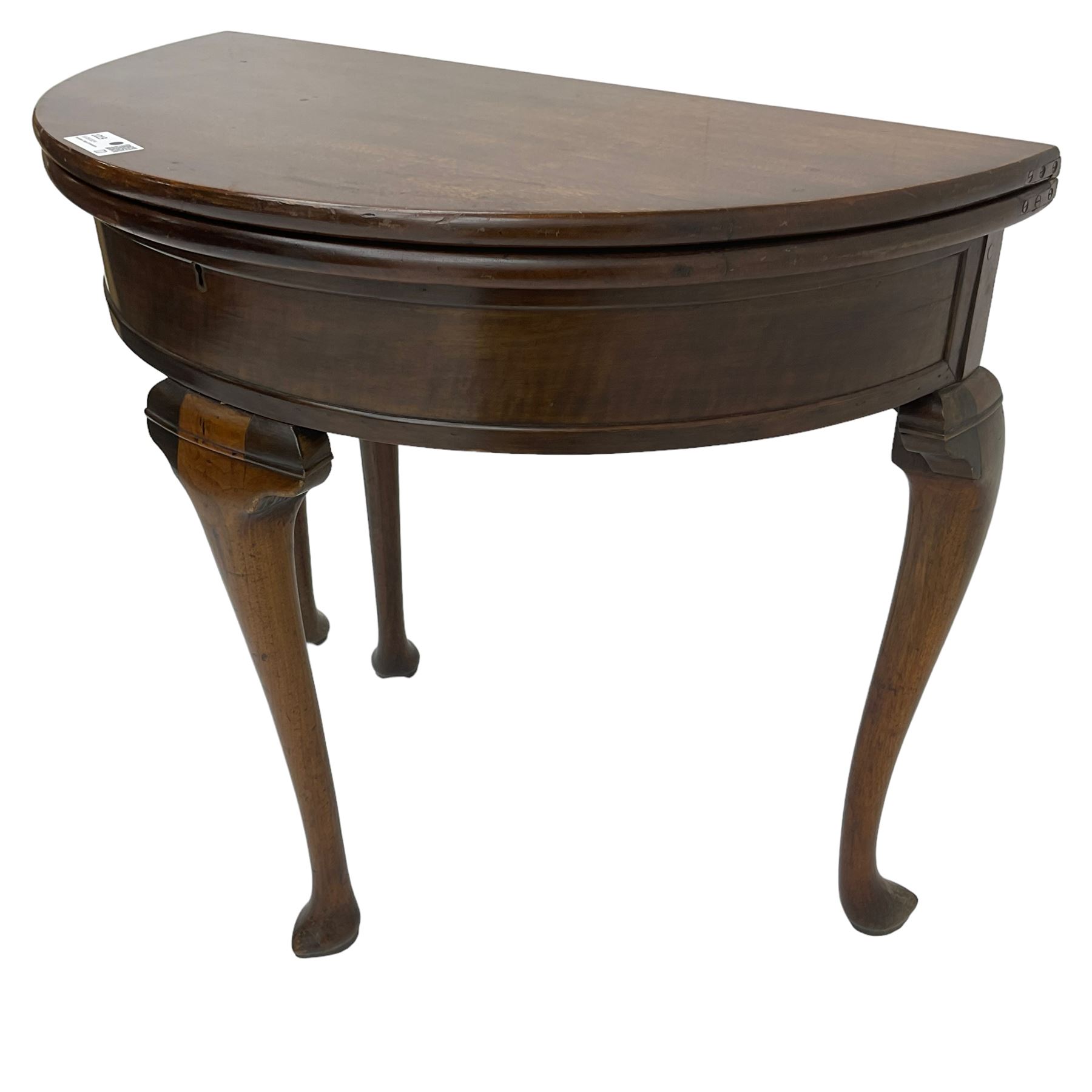 19th century walnut demi-lune side table, hinged two leaf top revealing storage well and flat surface, single gate-leg action base, on cabriole supports with pointed feet