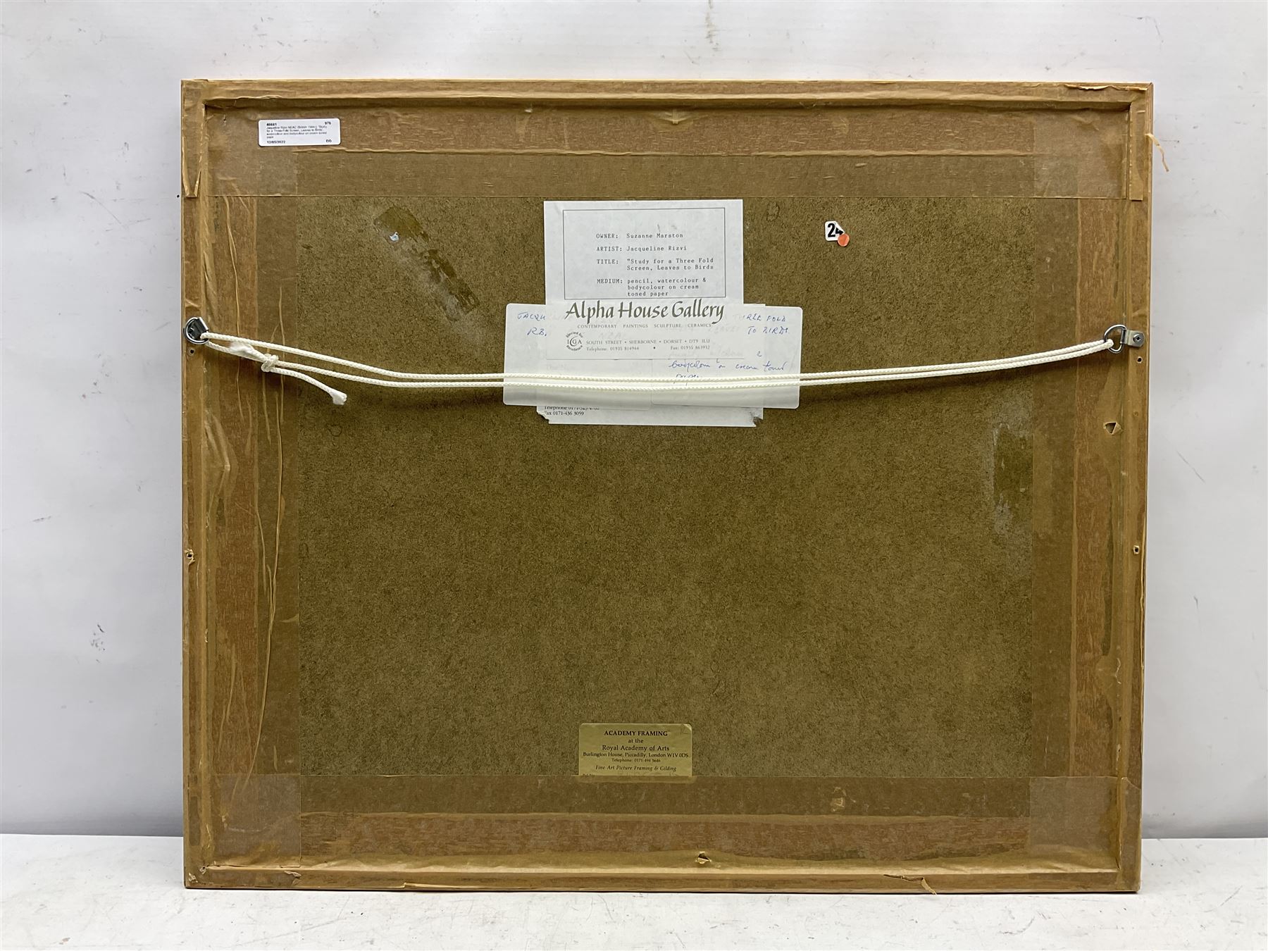 Jacqueline Rizvi NEAC (British 1944-): 'Study for a Three-Fold Screen, Leaves to Birds', watercolour and bodycolour on cream toned paper signed with initials and dated '05, 27cm x 42cm
Provenance: exh. Alpha House Gallery, Sherborne, Dorset; with The New Academy of Arts Gallery, London, labels verso