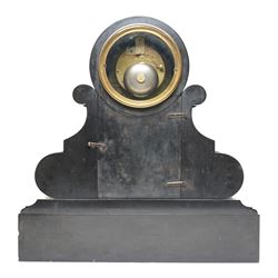 French-Late 19th century Belgium slate mantel clock, 8-day movement housed in a drum case with volutes, cradled within scroll supports and a shaped pendulum viewing glass with a brass surround, stepped plinth with incised decoration and malachite panels, two-piece enamel dial within a cast brass bezel, dial with Roman numerals, minute markers and steel moon hands, visible Brocot dead-beat escapement fitted with cornelian pallets, twin train going barrel movement with rack striking, sounding the hours and half-hours on a bell. With the original twin file mercury pendulum.
 
