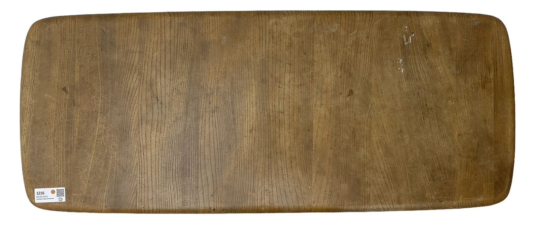Ercol - mid-20th century blonde elm and beech model 459 coffee table, rectangular top over spindle magazine rack