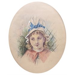Rosina Emmet Sherwood (American 1854-1948): Girl in a White Bonnet, oval watercolour signed with initials and dated 1882, 41cm x 32cm