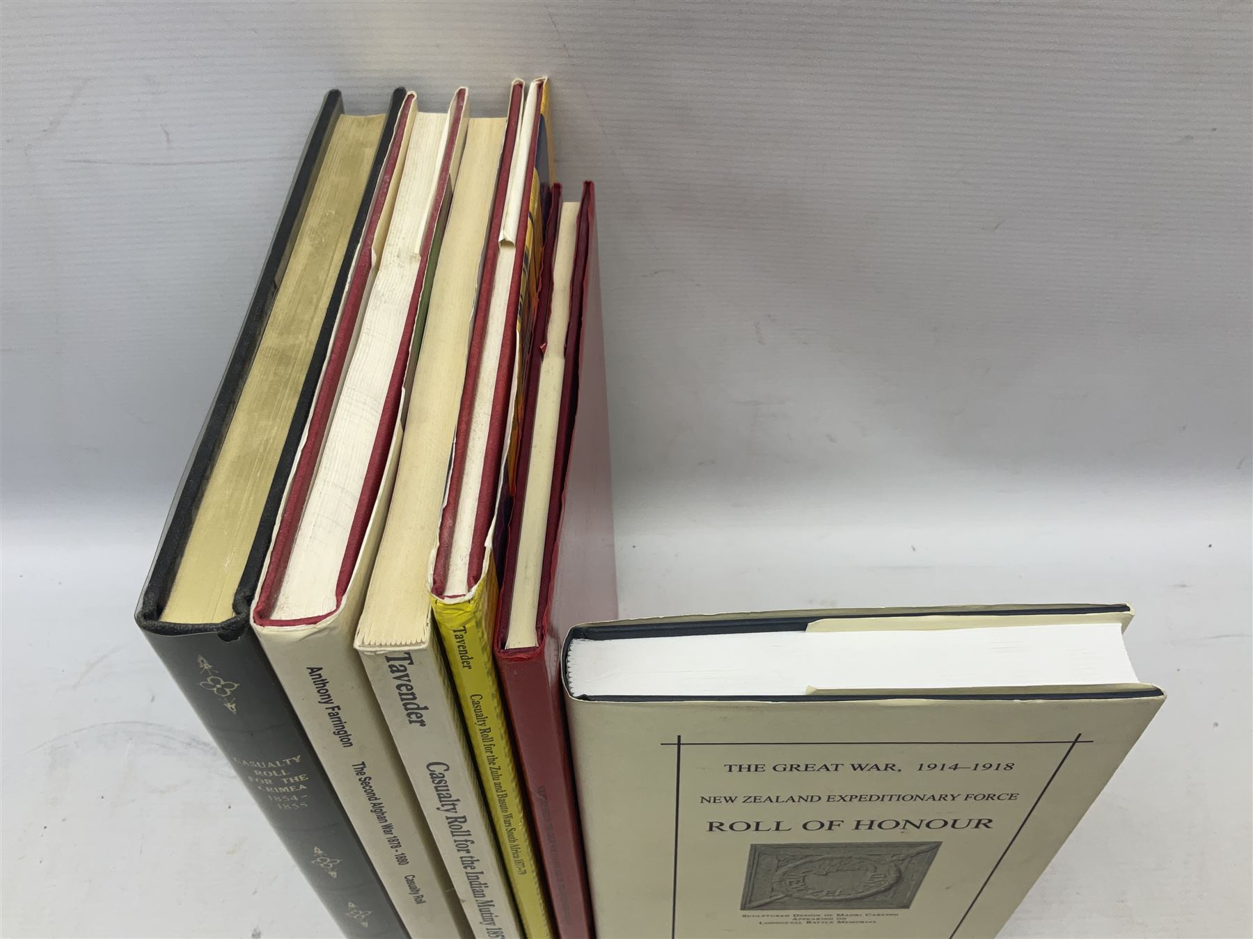 Six medal reference books comprising four Casualty Roll books for Crimea 1854-55, Indian Mutiny 1857-59, Zulu and Basuto Wars South Africa 1877-79 and Second Afghan War 1878-80; WW1 New Zealand Expeditionary Force Roll of Honour; and Lincolnshire Regiment Soldiers Died in the Great War 1914-19 (6)