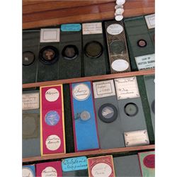Victorian collector's specimen cabinet, containing a number of prepared microscope slides including miniature photographs, animal and human pathological, physiological and histological specimens and botanical specimens, mostly annotated in ink, the cabinet with glazed door, the drawers with bone handles and lined with green felt, owned by Dr Arthur Bristow, together with a picture of the doctor, cabinet H43cm