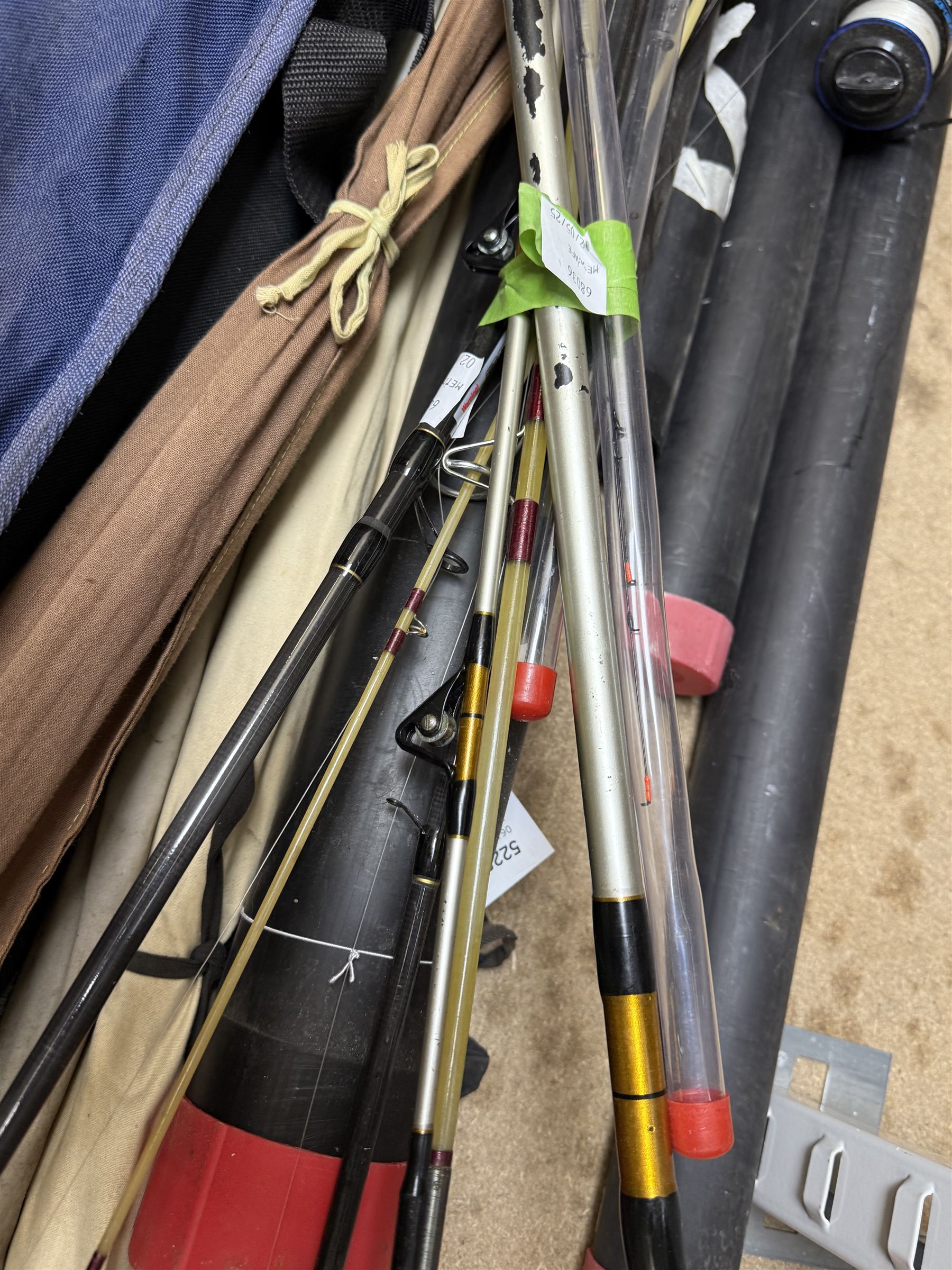 Collection of fishing rods and nets, including Alex Martin Scotia salmon rod, Shakespeare 1650, Allcocks Lucky Strike split cane rod and Chevron Pike 11ft, etc