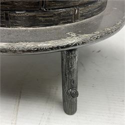 Early 20th century silver plated biscuit barrel by Martin Hall & Co, of beehive form, with cast floral finial, upon shaped bark effect platform, with impressed mark beneath, H26.5cm