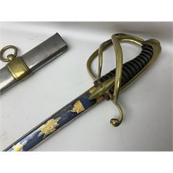 Early 19th century French Lancers officer's sword c1810, the 84cm curving fullered blade retaining most of its bluing, gilding and engraved decoration, inscribed I.S.& C. to ricasso (for Schimelbusch), brass three-bar hilt with elongated elliptical langets and wire-bound leather grip; in polished steel scabbard with two brass suspension rings L100cm overall