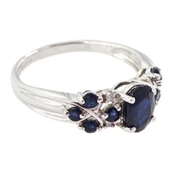 9ct white gold sapphire and diamond cluster ring, hallmarked