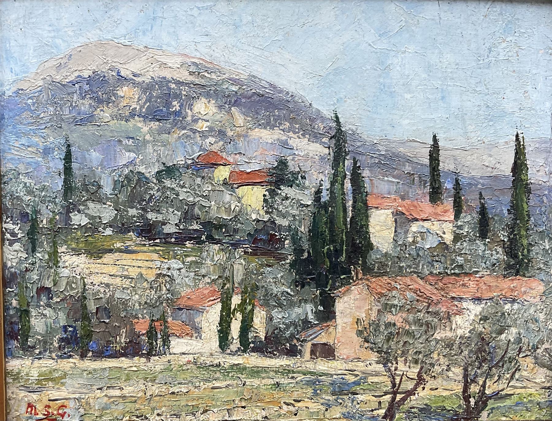 Mary Stewart Gibson (Scottish 1904-1989): View Towards Grasse, oil on board signed with initials, indistinctly titled verso 18cm x 23cm 