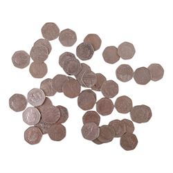 Approximately 45 Queen Elizabeth II commemorative fifty pence coins, including 2023 'Atlantic Salmon' (without privy mark)
