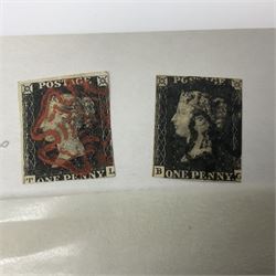 Mostly Great British Queen Victoria stamps, including penny black with black MX cancel, 1840 two pence blue with black cancel, imperf penny reds singles and pairs, perf penny reds stars and plates, various postmarks or cancels, penny reds on pieces or covers, halfpenny 'bantams', other QV issues with some higher values etc, housed in a blue stockbook