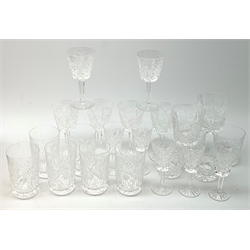 Suite of Waterford crystal Clare pattern drinking glasses to include six claret, six high tumblers, six tumblers and five sherry glasses (23)