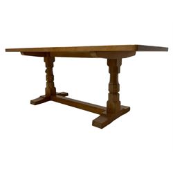 Mouseman - oak 6' refectory dining table, rectangular adzed and pegged top, two octagonal pillar supports on sledge feet joined by floor stretcher,  carved with mouse signature, by the workshop of Robert Thompson, Kilburn