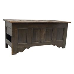 18th century design oak coffer, four panel hinged lid over four panel front, panelled sides, on stile supports with shaped brackets 